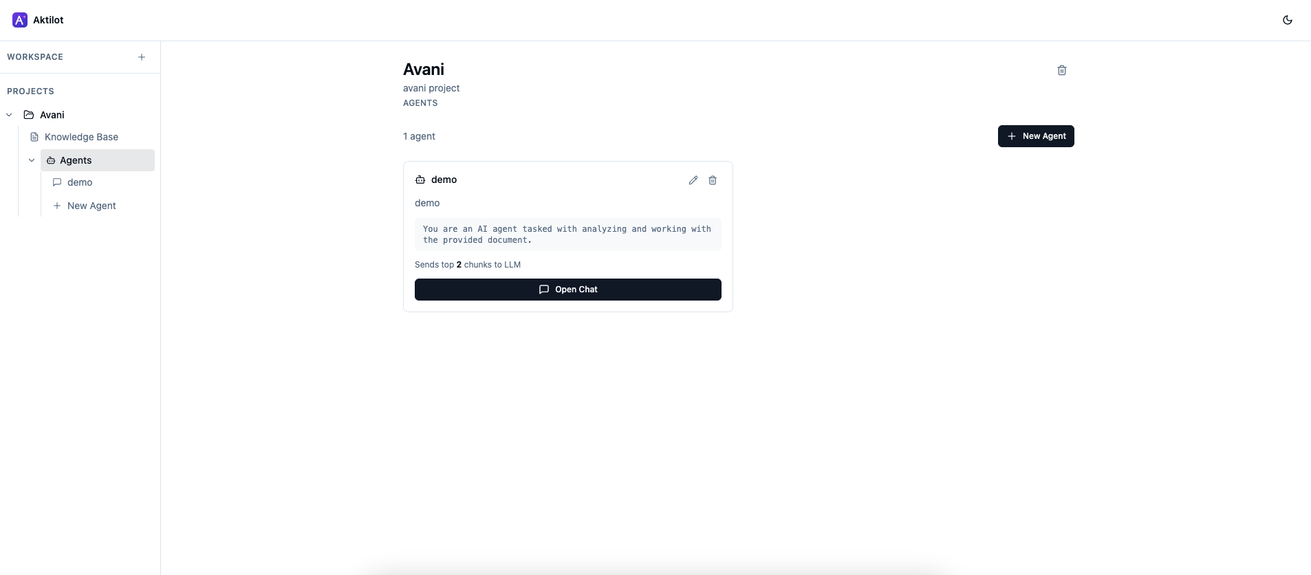 Agents list for a project, showing system prompt preview and chunk count