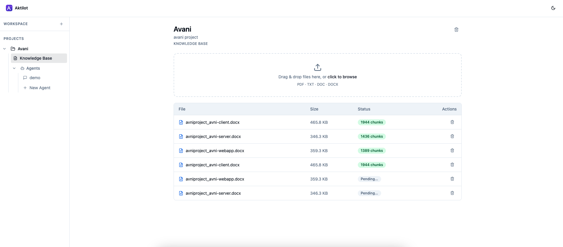 Knowledge base upload — drag and drop PDF, TXT, DOC, or DOCX files