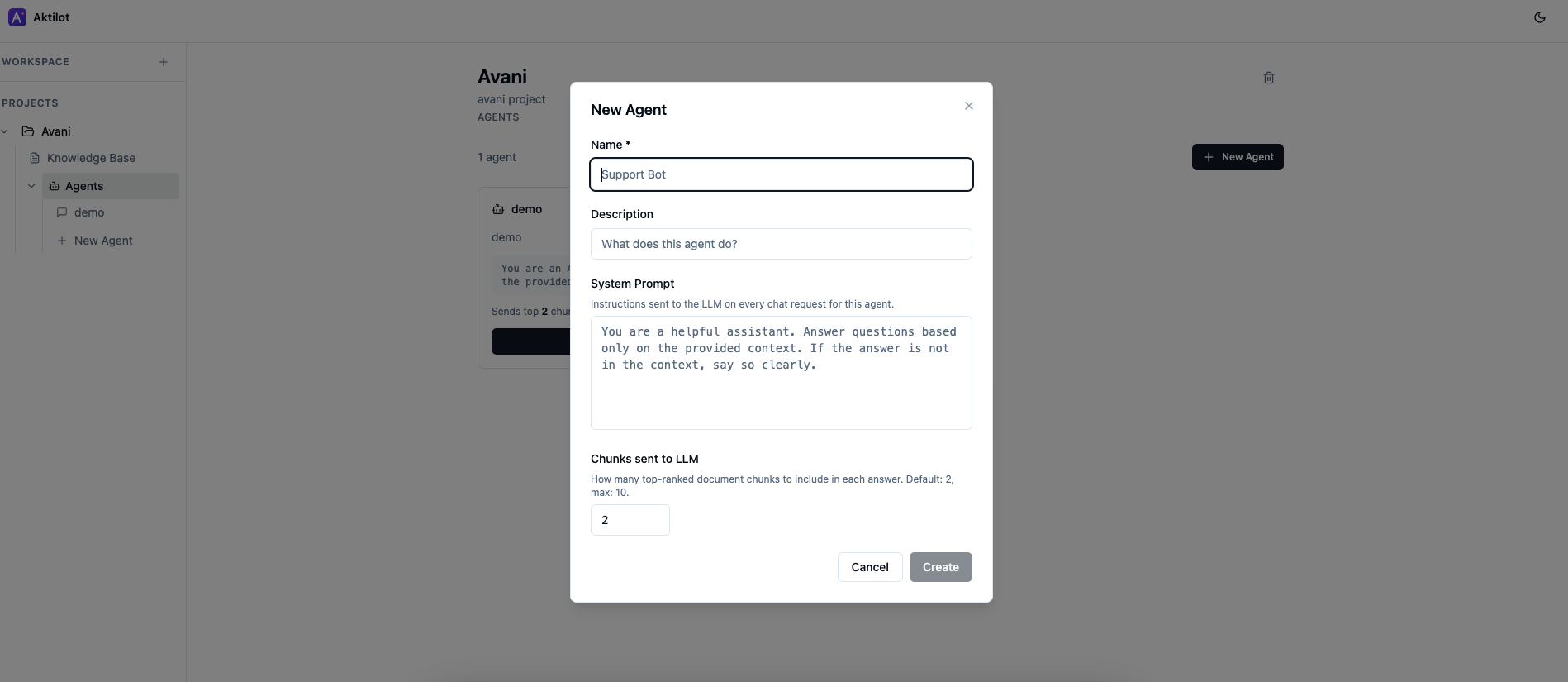 Creating a new agent — name, description, system prompt, and chunks per answer