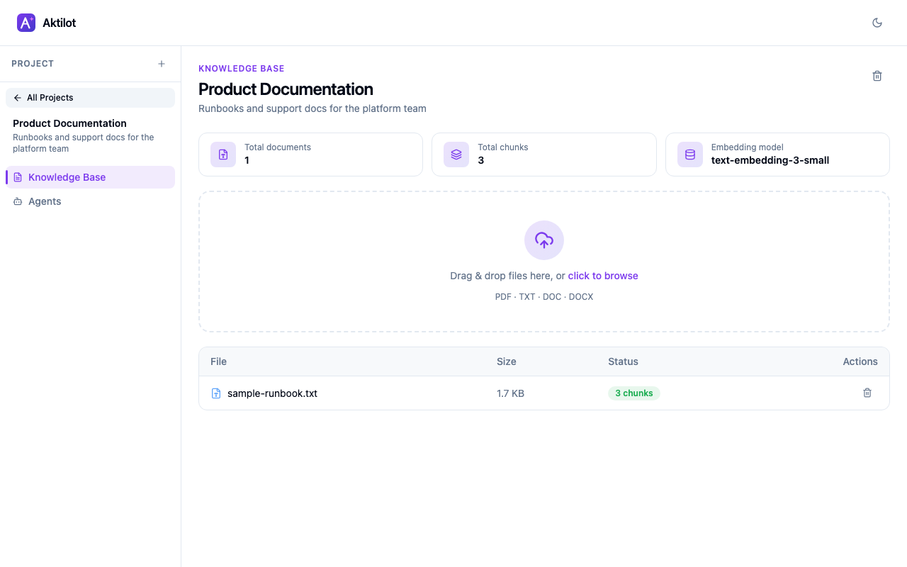 Creating a new agent — name, description, system prompt, and chunks per answer