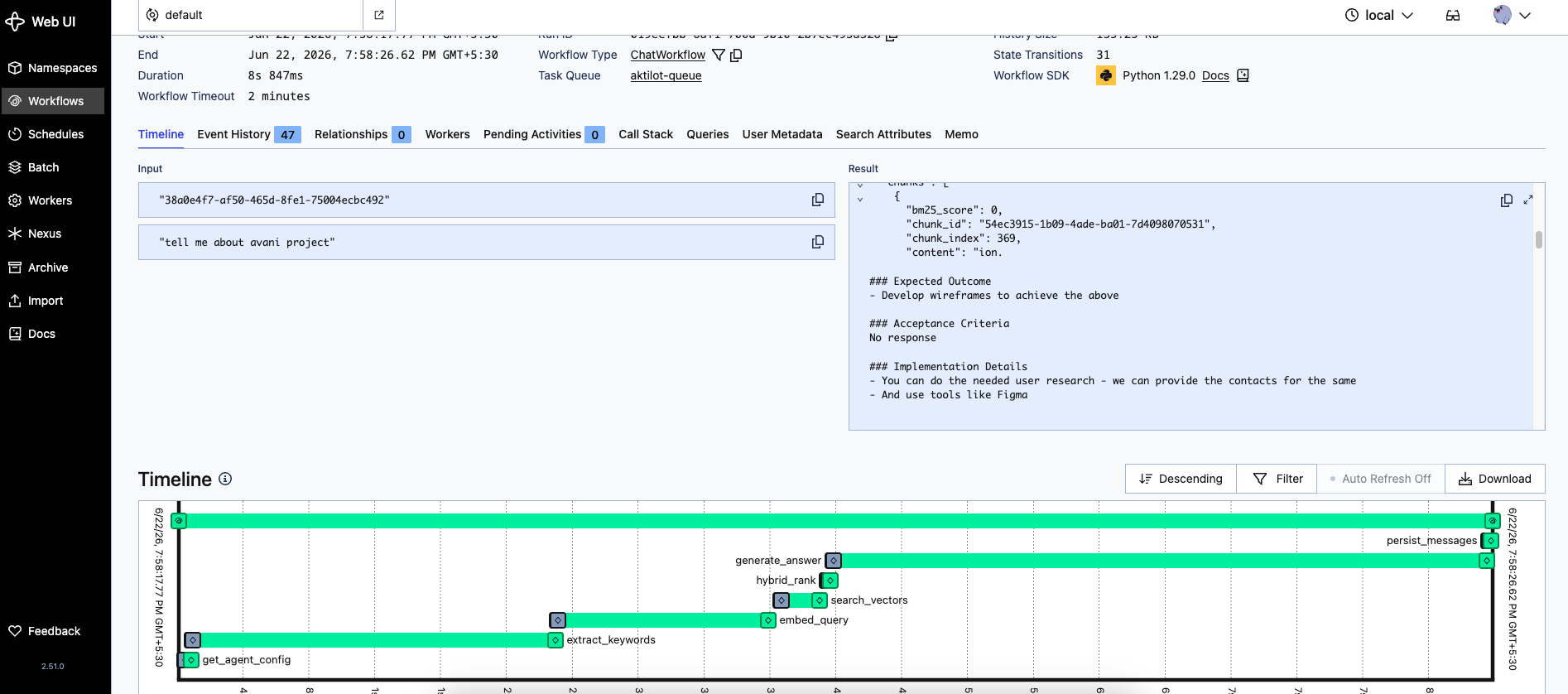 Temporal UI ChatWorkflow trace: keyword extraction through answer generation
