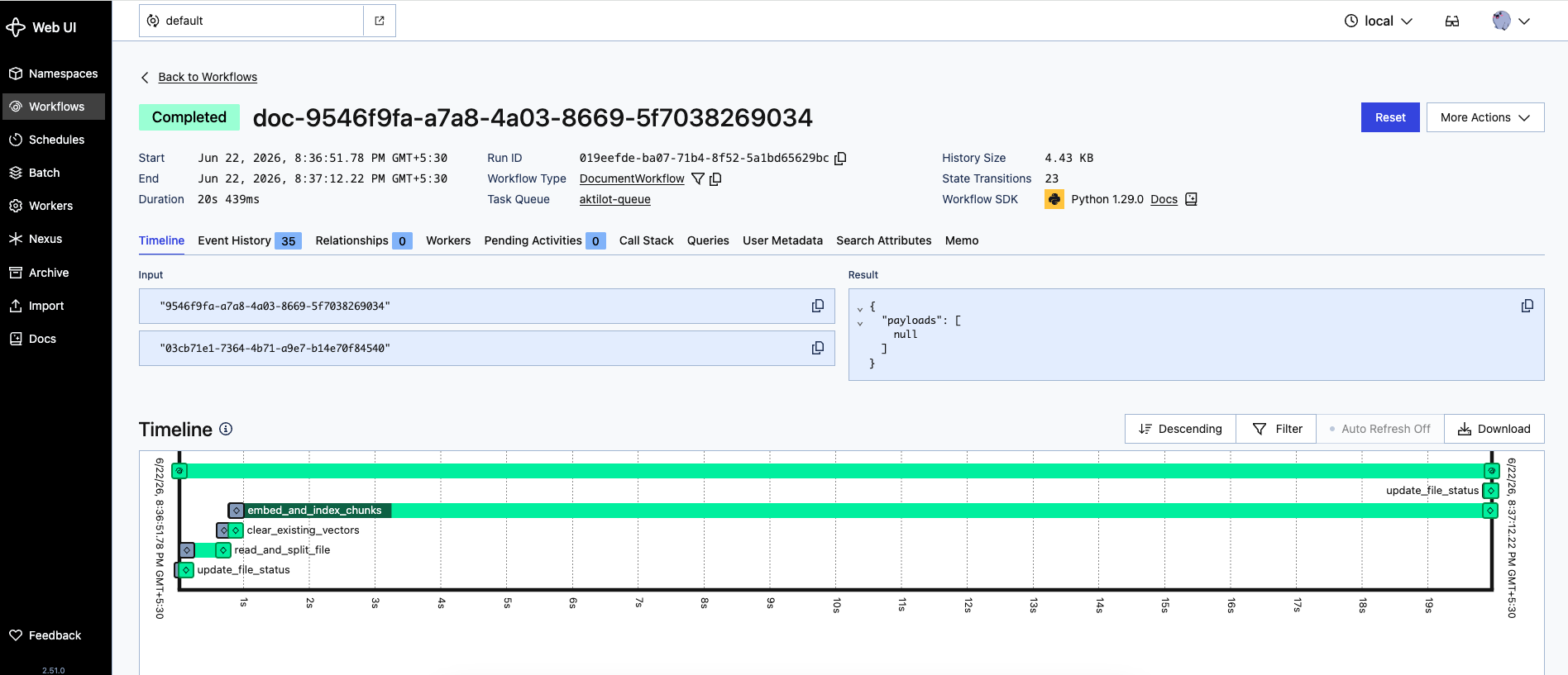Temporal UI DocumentWorkflow trace: chunking, embedding, and indexing