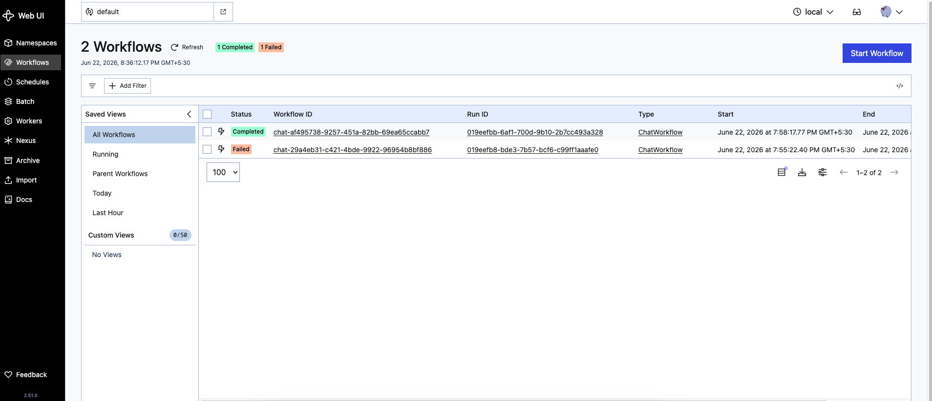 Temporal UI workflow list showing completed and failed runs